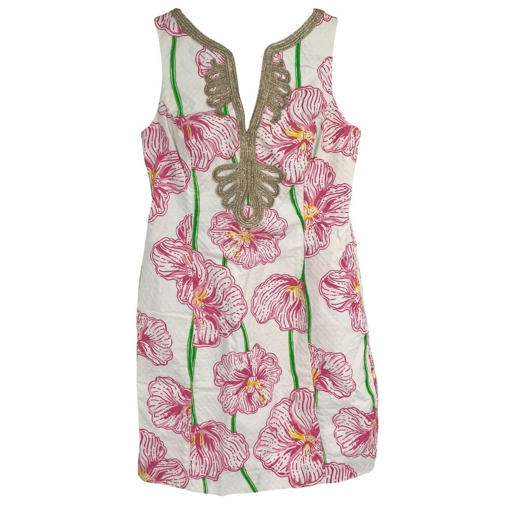 Lilly Pulitzer Janice Shift Dress Resort White Gold Pink Clover Cup Women's 10